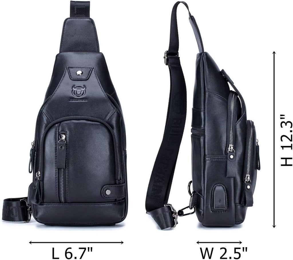 Men Sling Crossbody Bag with USB Charging Port Leather Shoulder Chest Bag E187600
