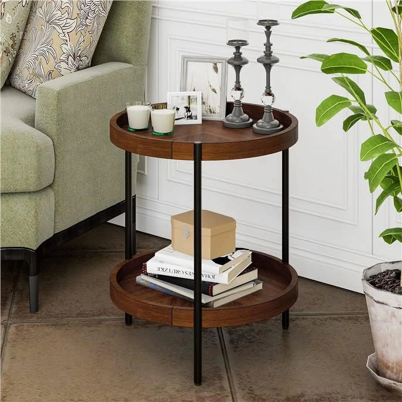2-Tier Retro Round Side Table with Bottom Shelf U1111