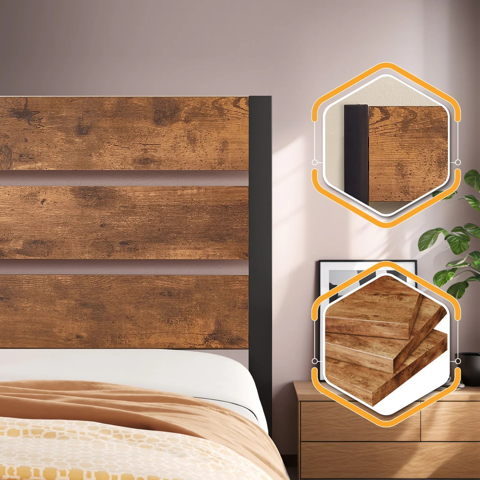 Twin Bed Frame with Wooden Headboard, Rustic Industrial Platform Bed D329