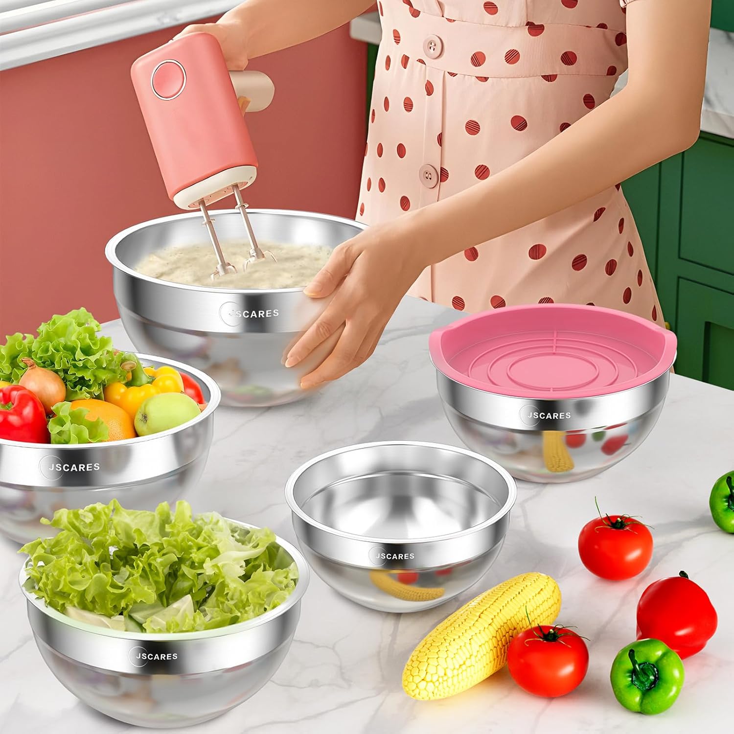 Mixing Bowls with Lids, 5 Piece Stainless Steel, Stackable, Airtight C308674