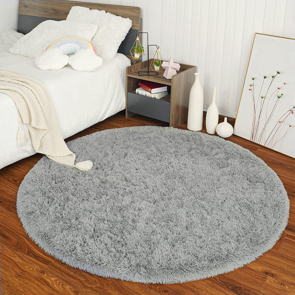 Luxury Round Fluffy Area Rug for Bedroom, Super Soft Shaggy Carpet, 5'x5', Gray R140