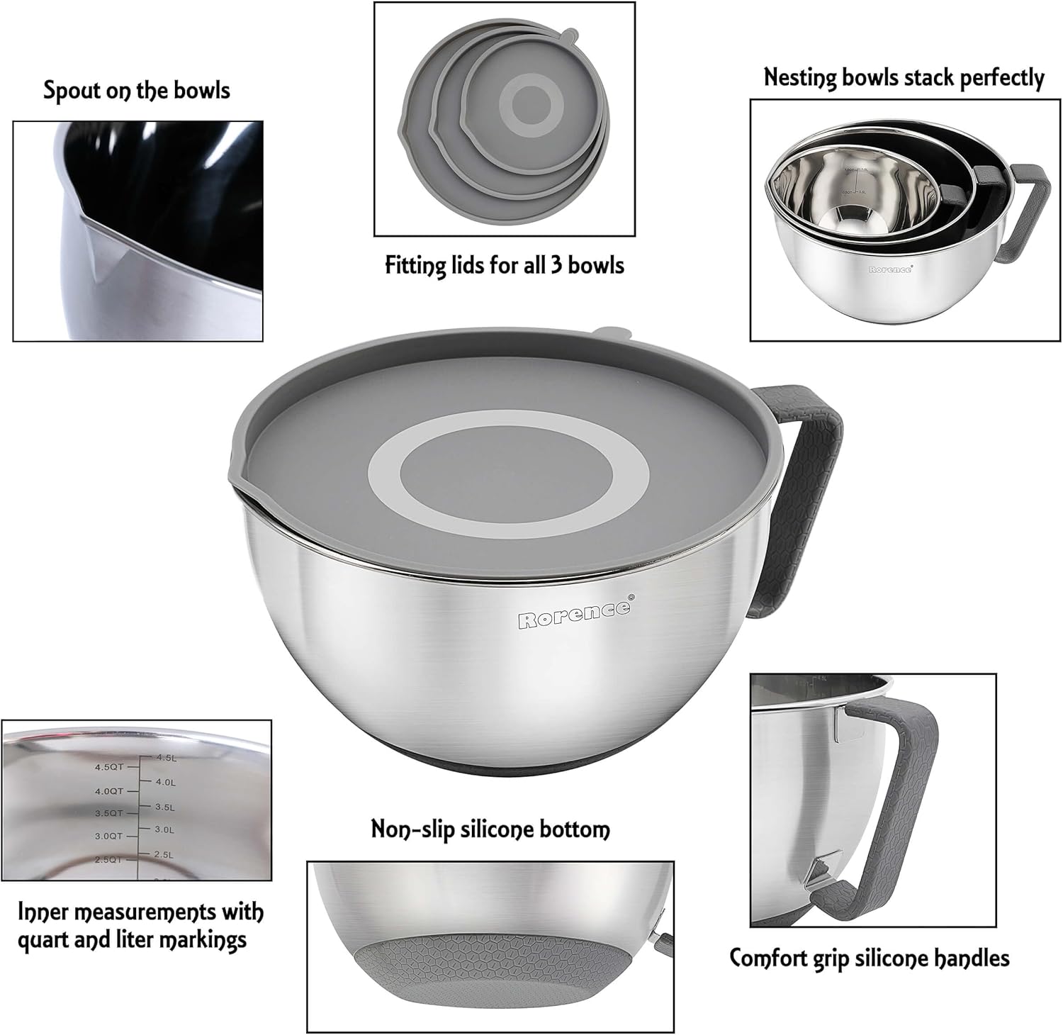 Mixing Bowls Set with Pour Spout, Handle and Lid - Set of 3 - Gray B789502