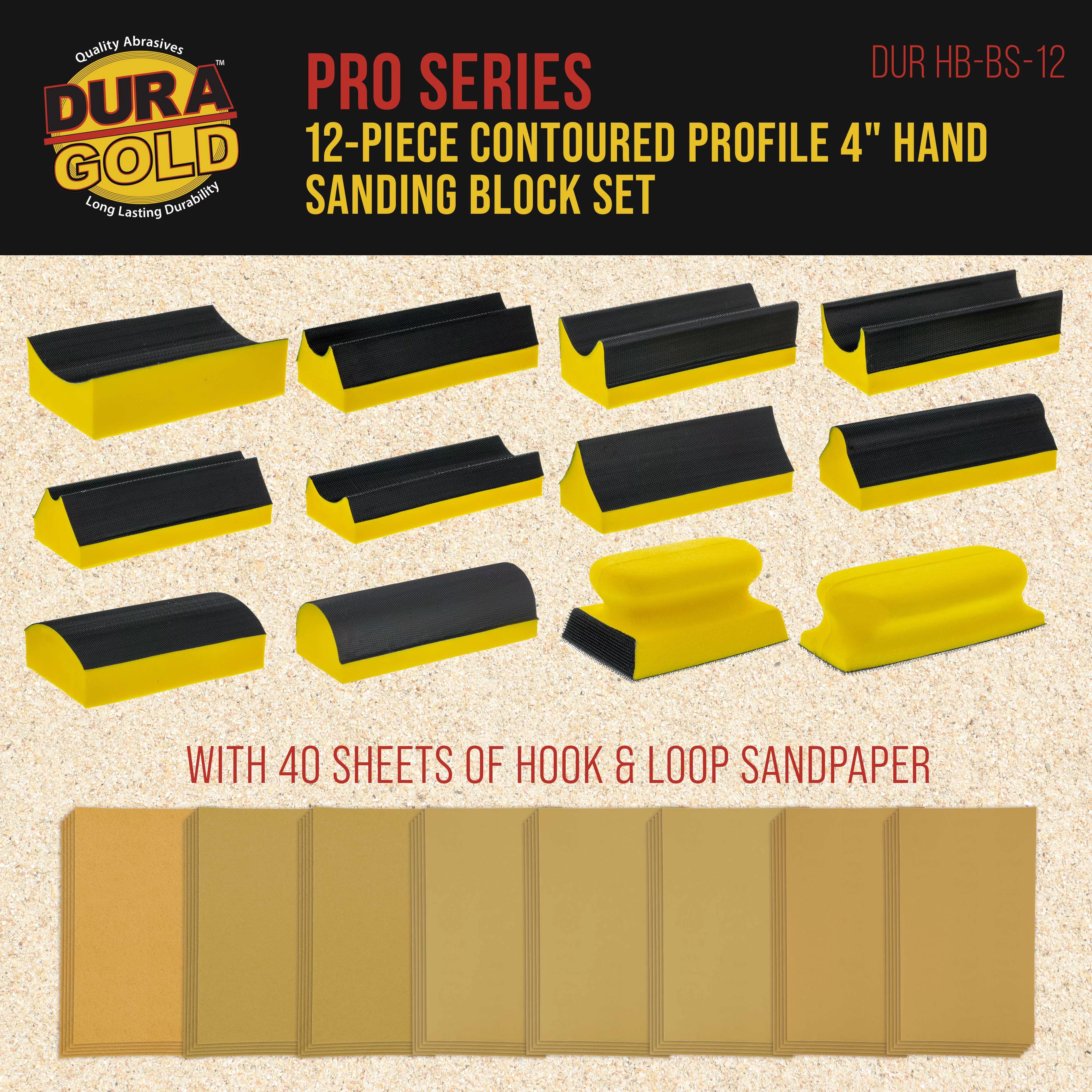 Contoured 4" Hand Sanding Block Set with Hook & Loop Sandpaper Kit Y19066