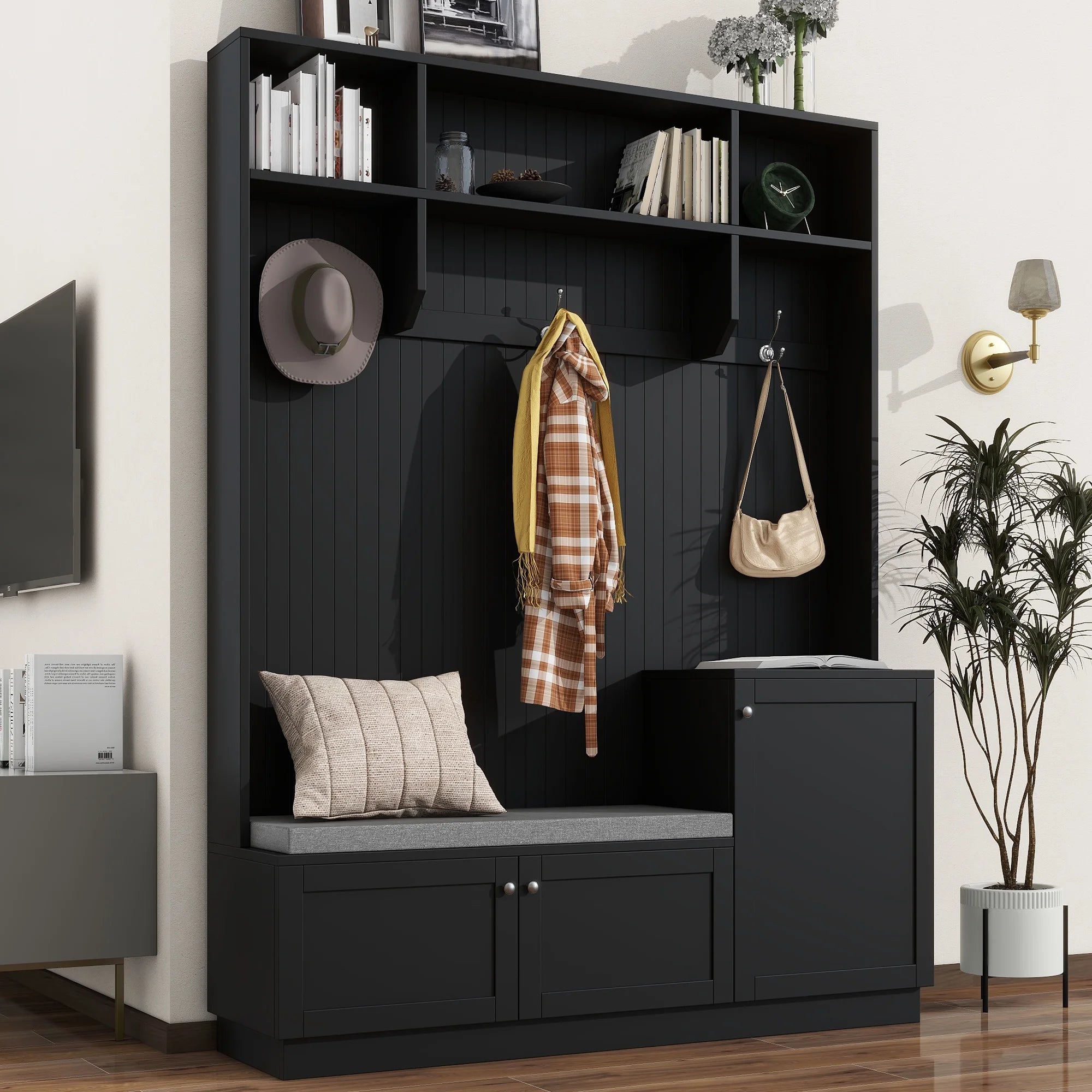 Churanty 4-in-1 Hall Tree with Bench and Shoe Storage, Coat Rack with Cushion Mudroom Bench and Hooks, Modern Hall Trees for Hallway, Black