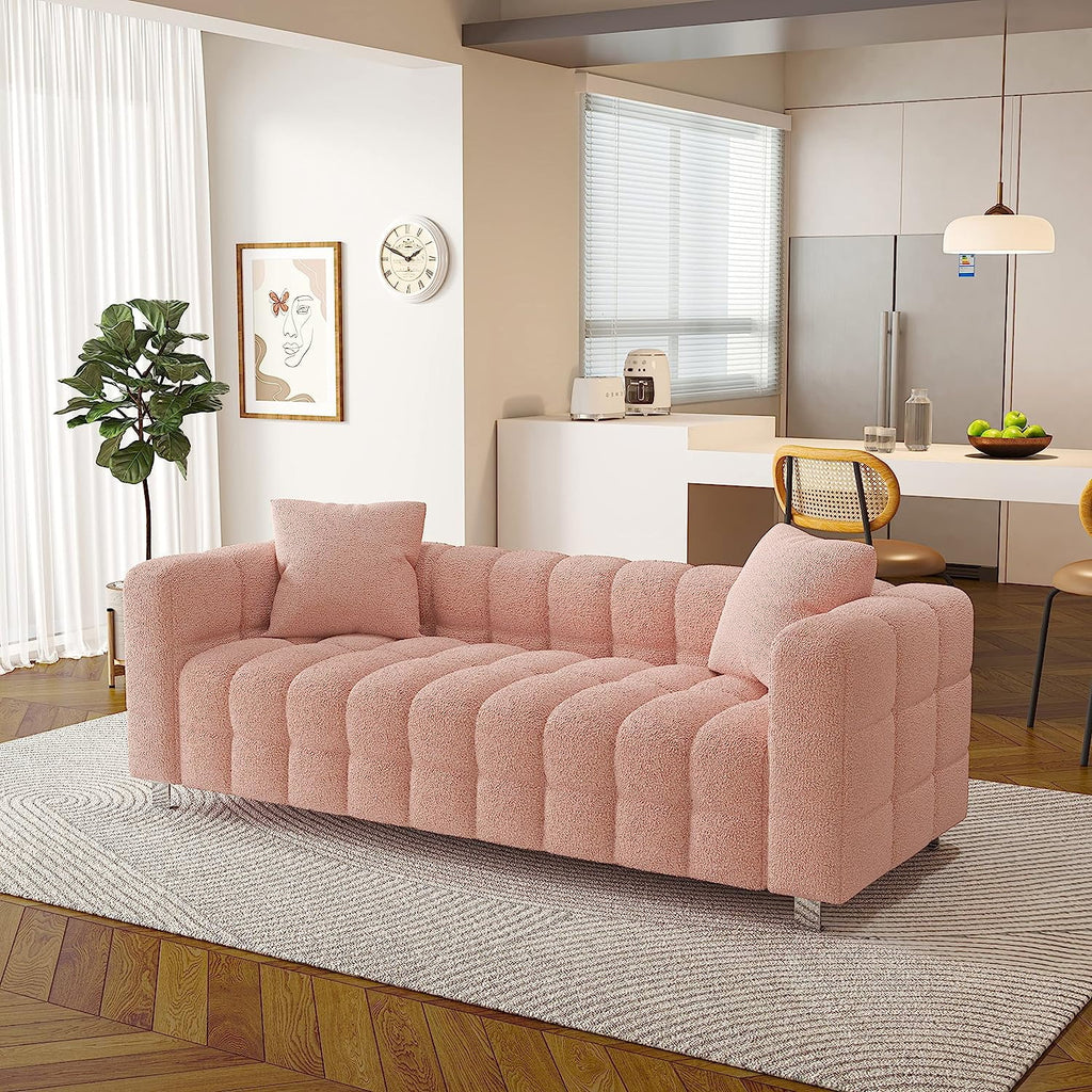 SZLIZCCC 80" Pink Teddy Velvet Sofa, Upholstered Tufted 3 Seater Couch with Two Pillows, Modern Sofa Bubble Couch Loveseat Sofa for Living Room Bedroom