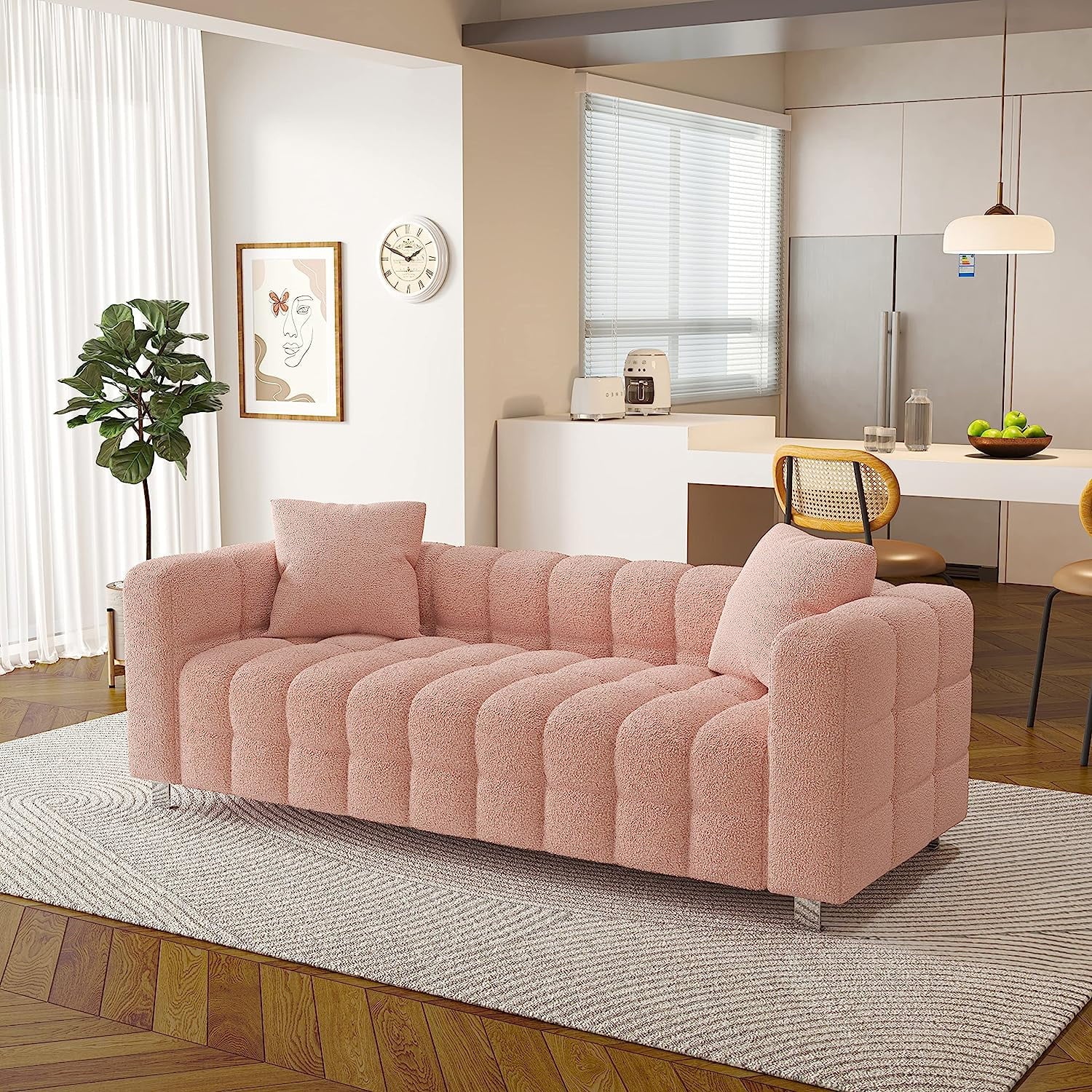 SZLIZCCC 80" Pink Teddy Velvet Sofa, Upholstered Tufted 3 Seater Couch with Two Pillows, Modern Sofa Bubble Couch Loveseat Sofa for Living Room Bedroom