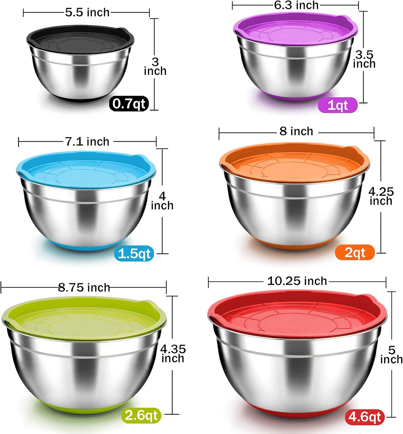 Stainless Steel Mixing Bowls with Airtight Lids, Nesting & Stackable, Set of 6 E712