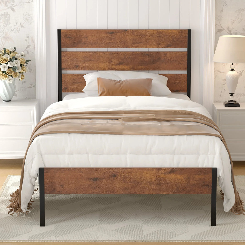 Twin Bed Frame with Wooden Headboard, Rustic Industrial Platform Bed D329