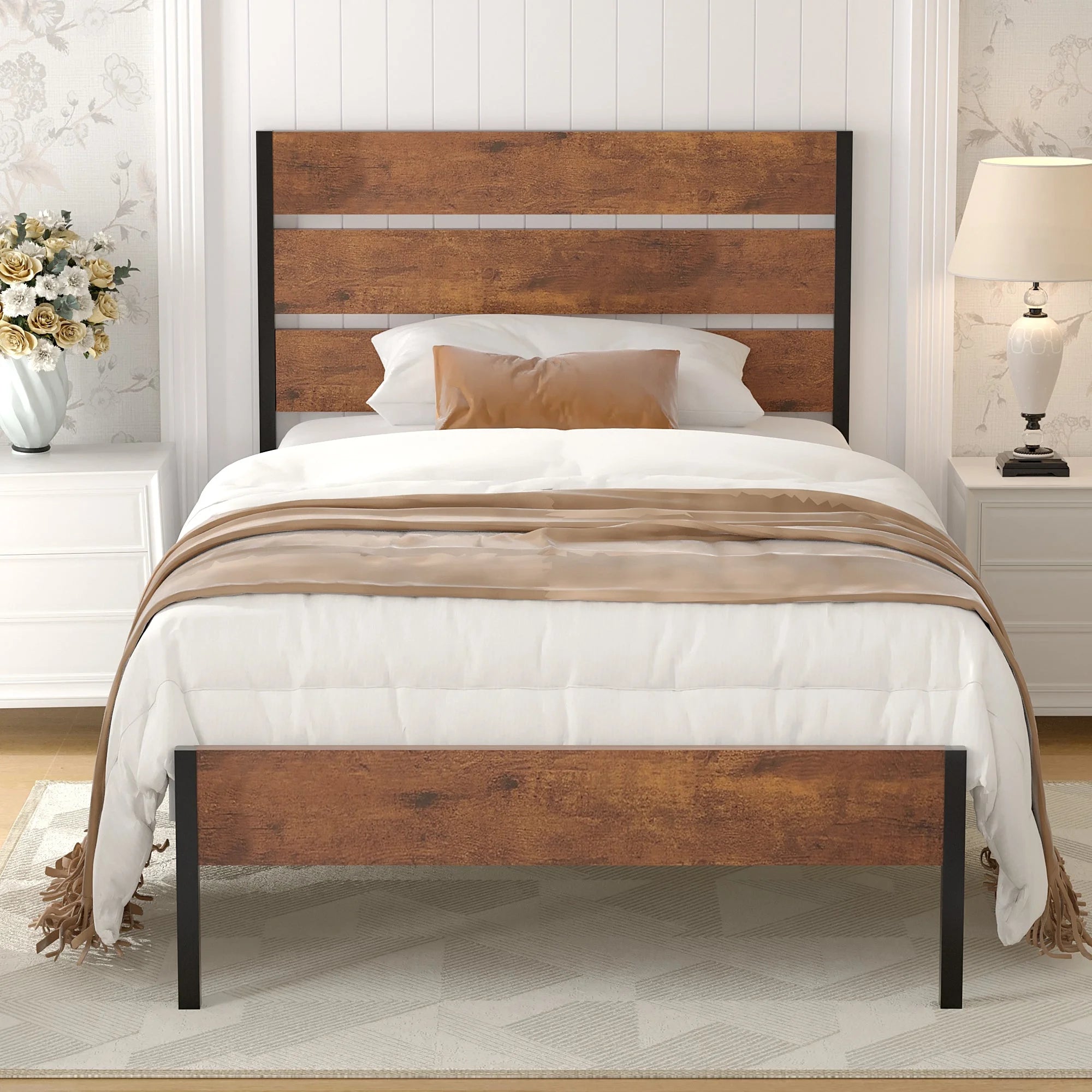 Twin Bed Frame with Wooden Headboard, Rustic Industrial Platform Bed D329