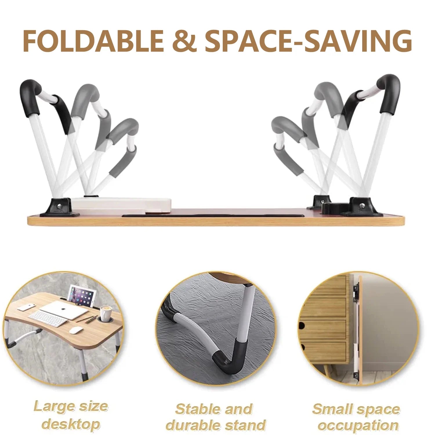 Foldable Lap Desk, 23.6 Inch Portable Wood Laptop Desk with iPad Slots, Cup Holder and Drawer A616759