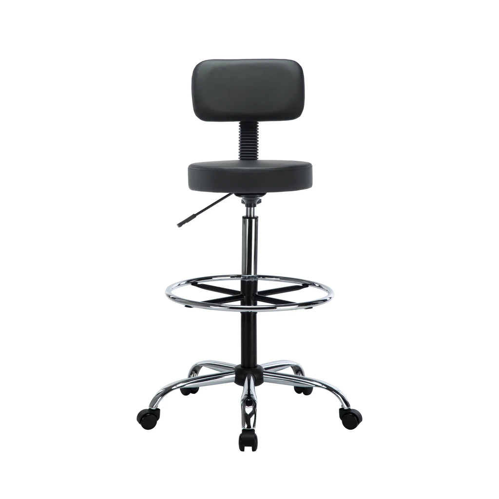 Height Adjustable Drafting Stool with Backrest, Faux Leather, Rolling Wheels D302274