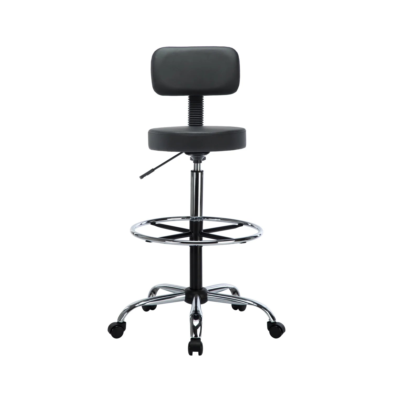 Height Adjustable Drafting Stool with Backrest, Faux Leather, Rolling Wheels D302274