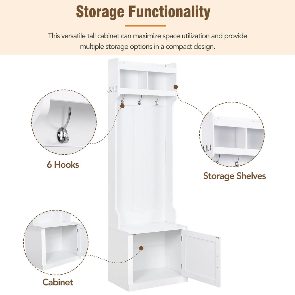 Minimalist Hall Tree with Cabinet & 6 Hanging Hooks, Storage Bench with Coat Rack, White F392546