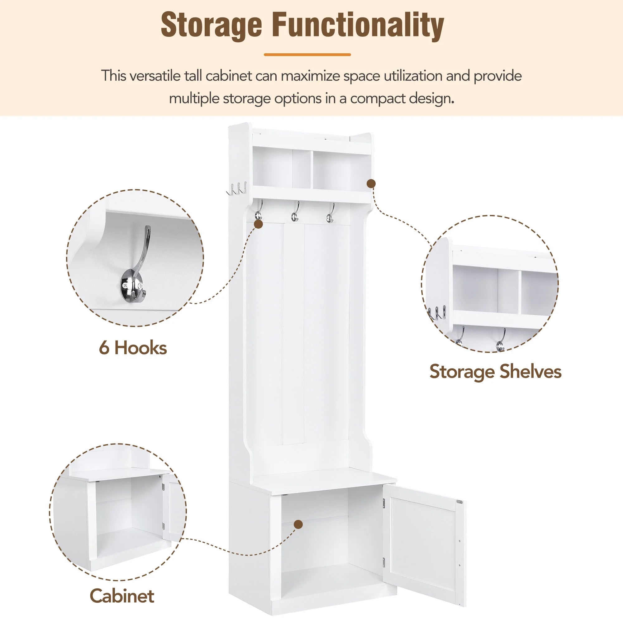 Minimalist Hall Tree with Cabinet & 6 Hanging Hooks, Storage Bench with Coat Rack, White F392546
