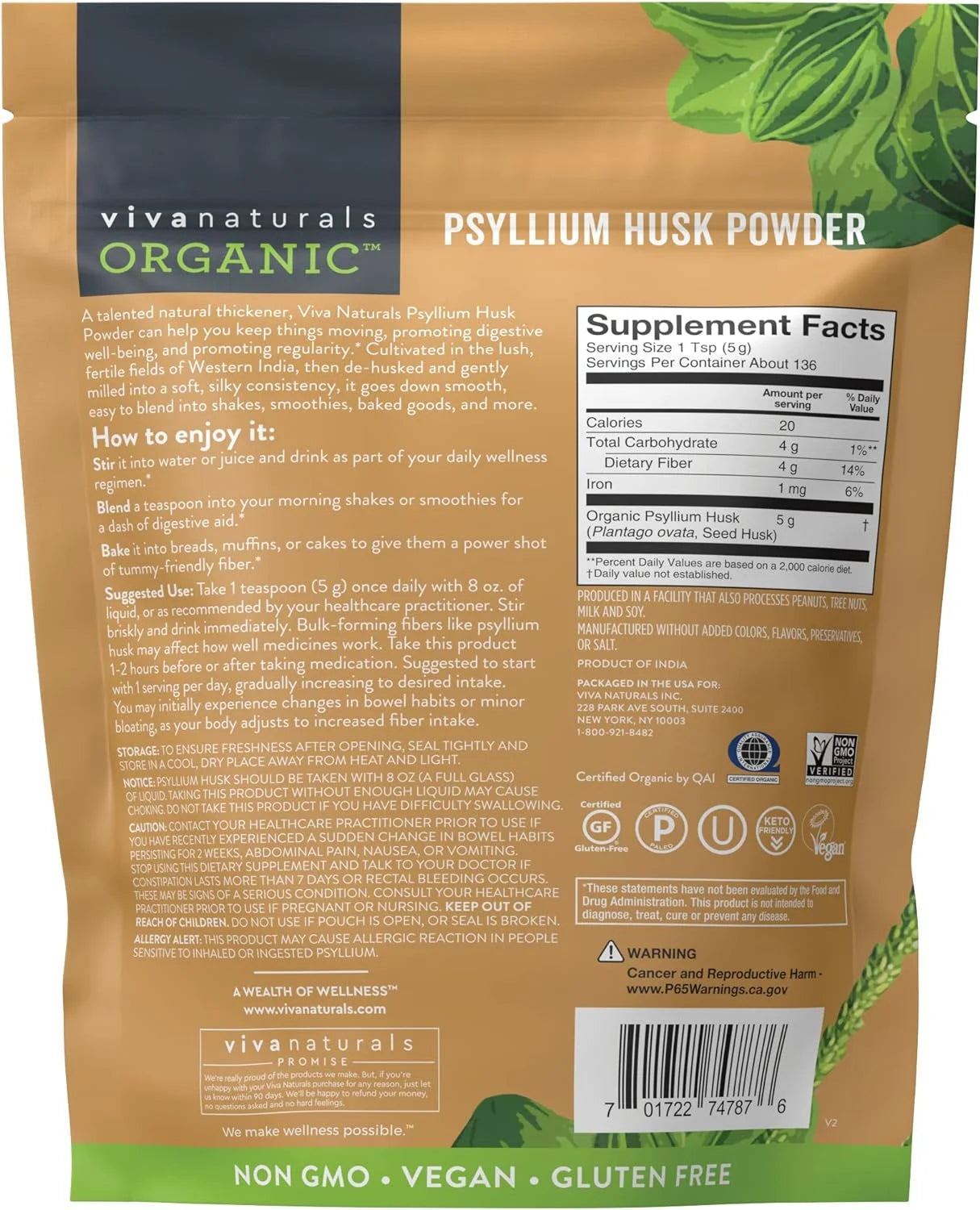 Organic Psyllium Husk Powder, Finely Ground Non-GMO Fiber Supplement L601136
