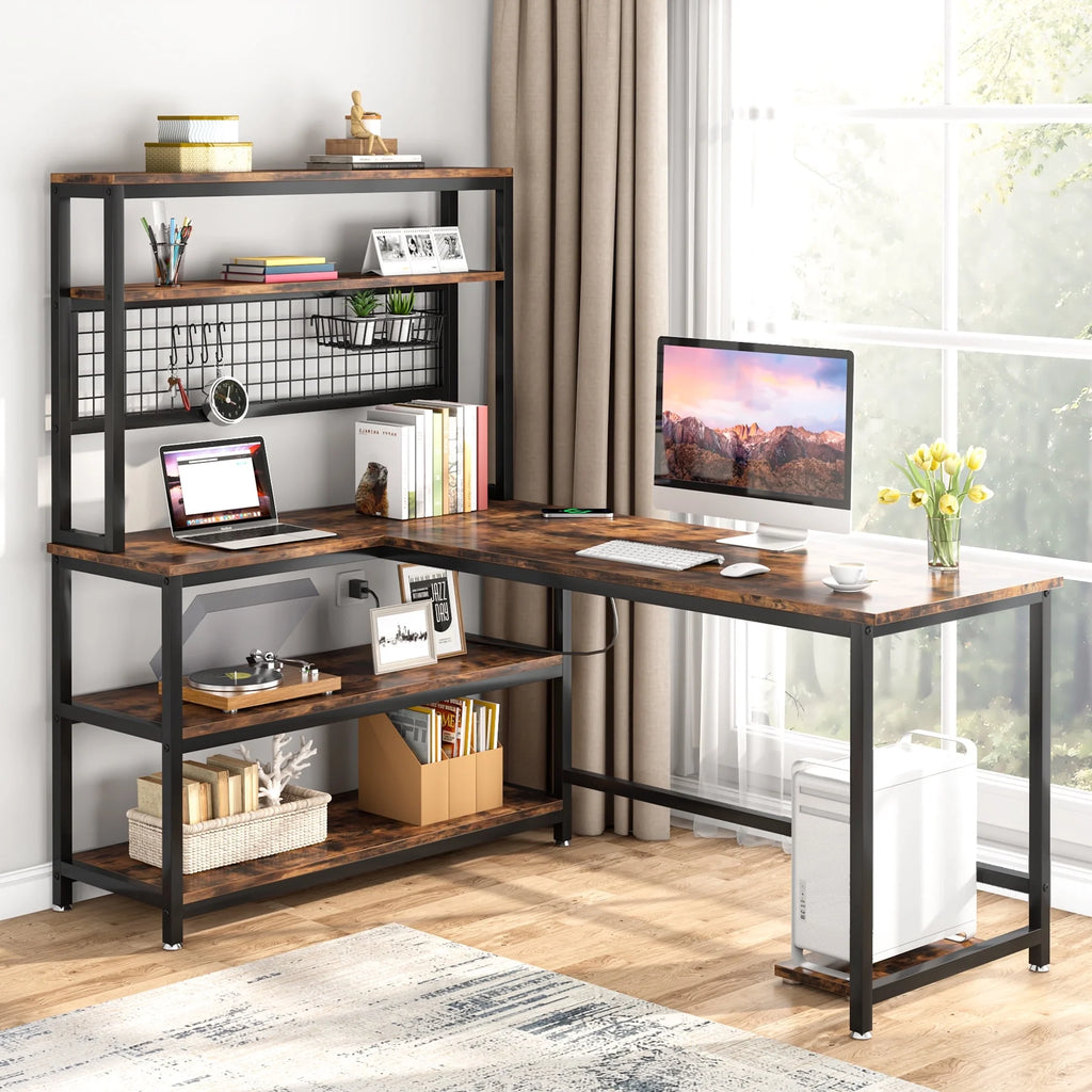 Tribesigns 55" Computer Desk with Wireless Charging, Industrial Study Writing Table with Hutch & Bookshelf for Home Office (Brown)