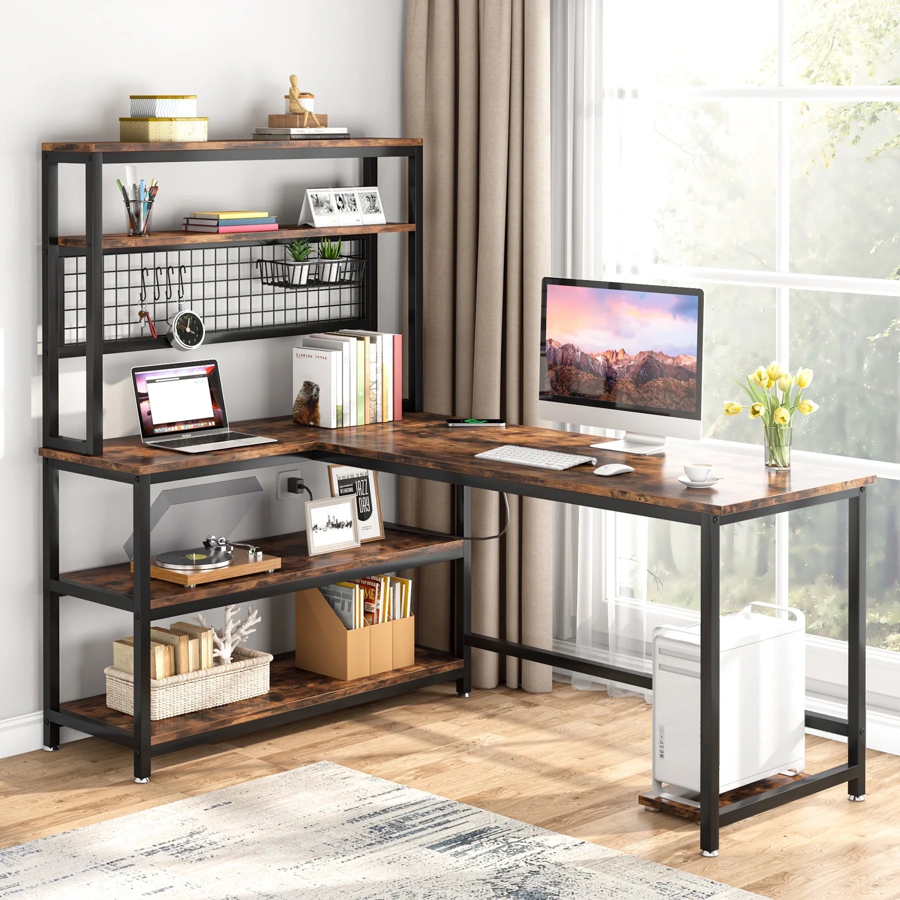 Tribesigns 55" Computer Desk with Wireless Charging, Industrial Study Writing Table with Hutch & Bookshelf for Home Office (Brown)
