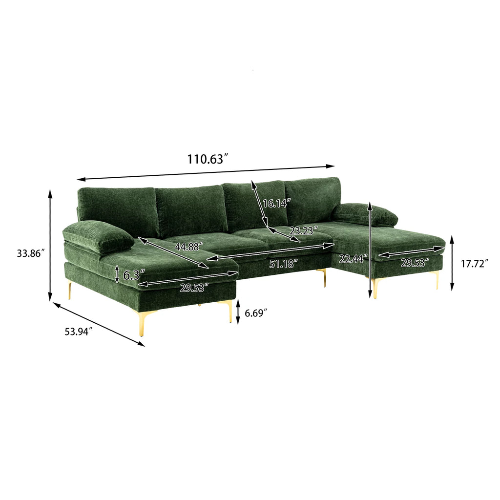 U-Shaped Sectional Sofa with Golden Metal Legs, Velvet Loveseat Chaise Lounge E893