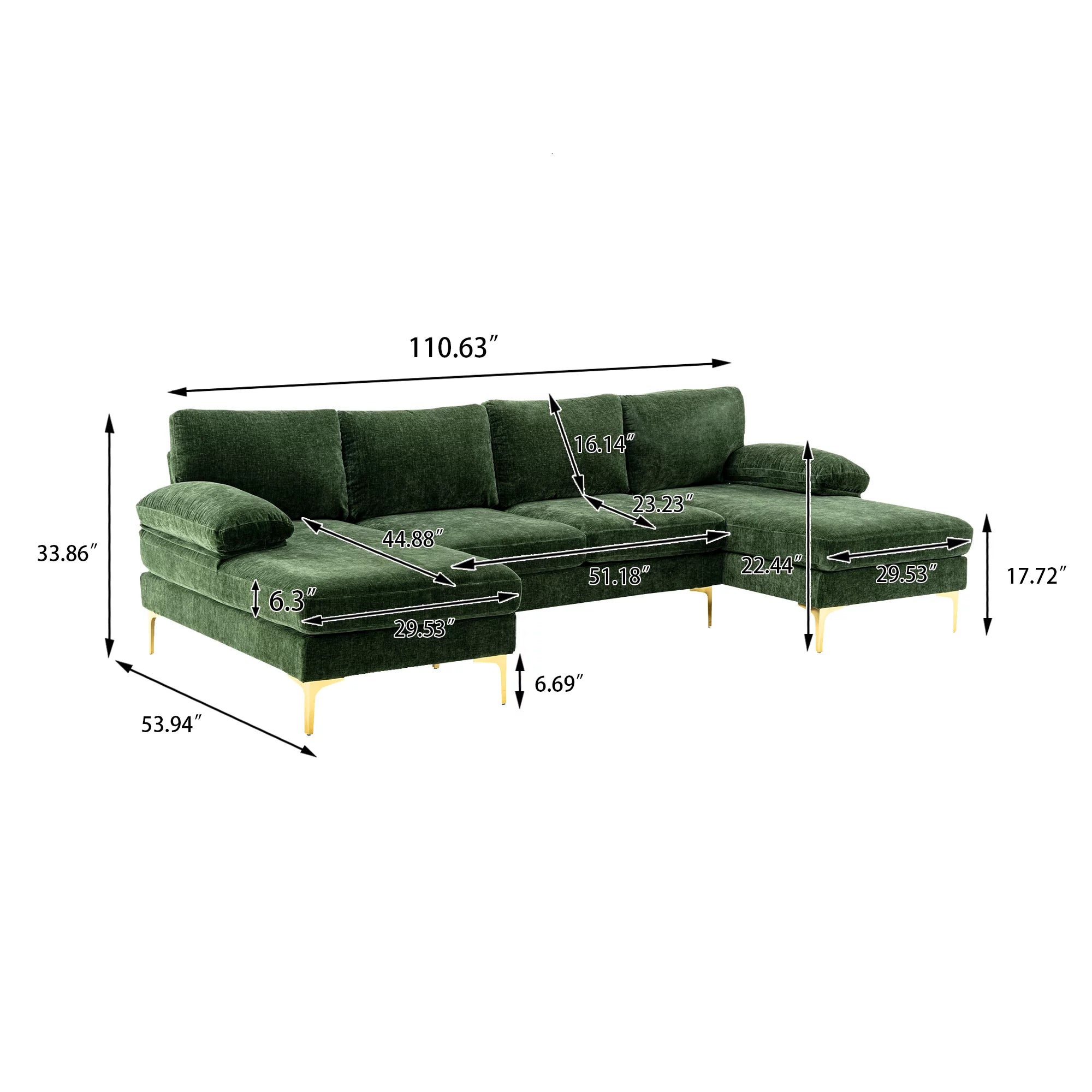 U-Shaped Sectional Sofa with Golden Metal Legs, Velvet Loveseat Chaise Lounge E893
