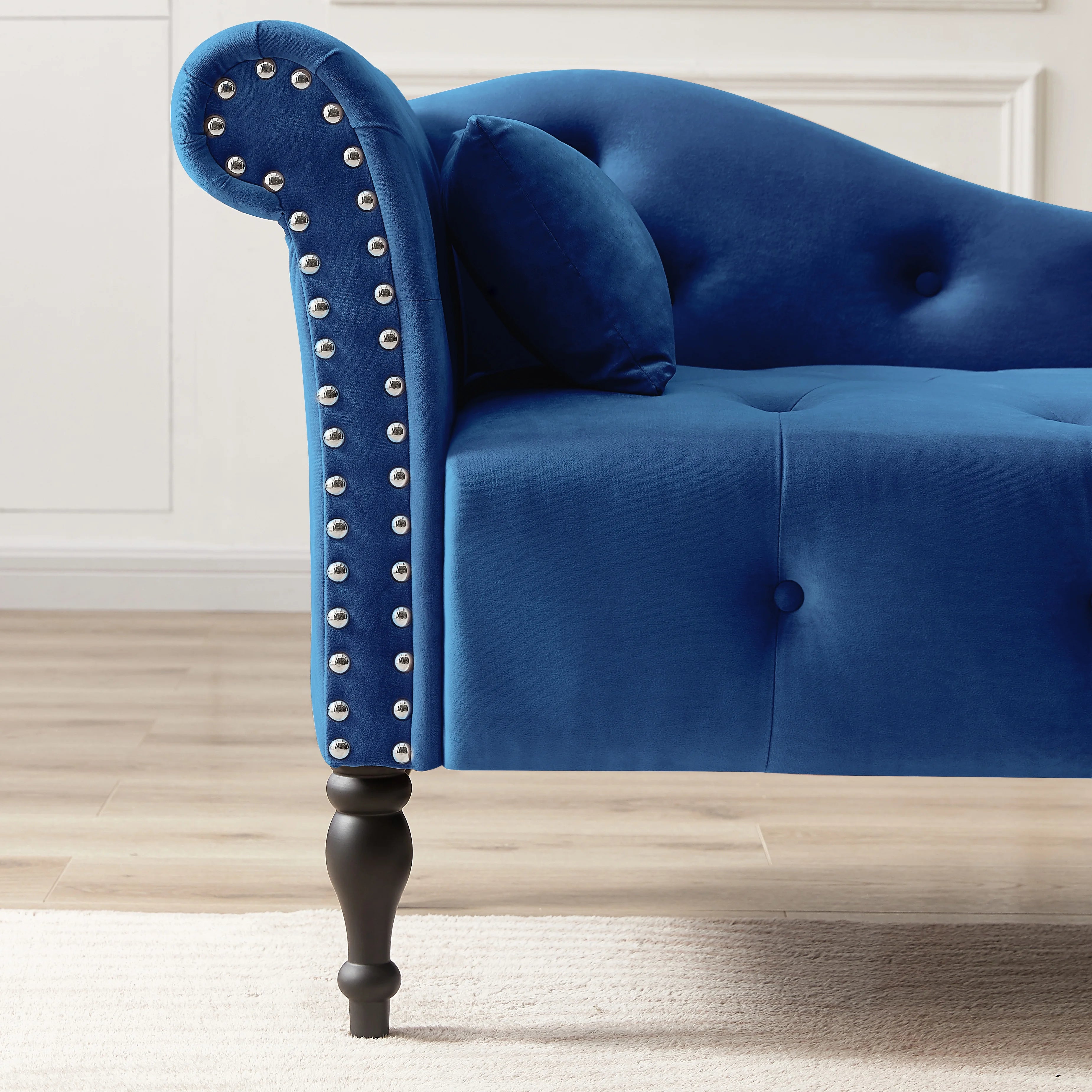 Modern Lounge Chaise Indoor, Upholstered Accent Chair with Button Tufted Seat and Solid Wooden Legs, Blue H5118