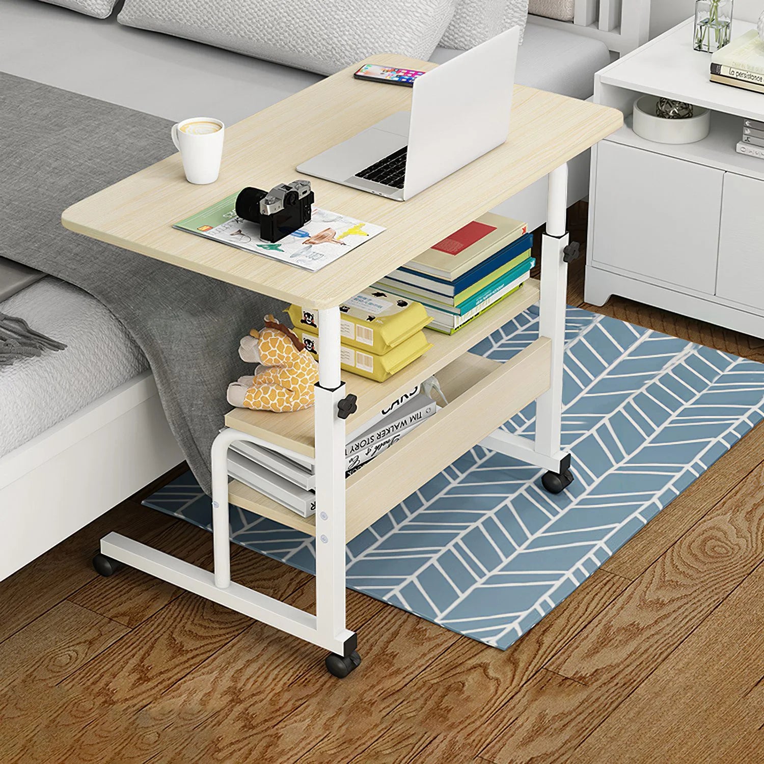 Mobile Laptop Table 3-Tier with Wheels, Height Adjustable, Beige S11889