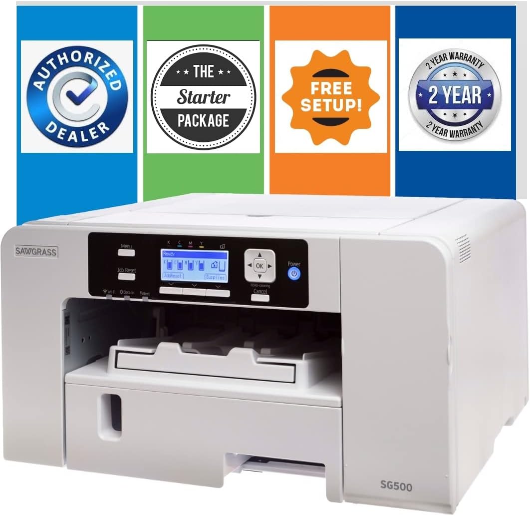 Sawgrass Virtuoso SG500 Sublimation Printer (Starter Package) with Designer Software, Dust Cover, Paper, Inks, Tape, 10 Pieces Sublimation Blanks, White