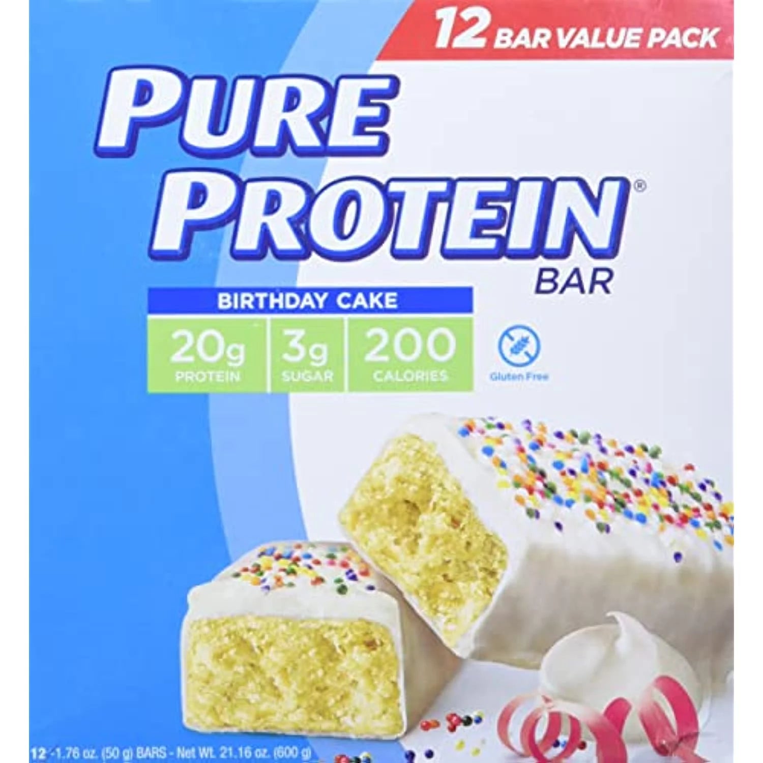 Pure Protein Bars, High Protein, Nutritious Snacks To Support Energy, Low Sugar, Gluten Free, Birthday Cake, 1.76 Oz, Pack Of 12