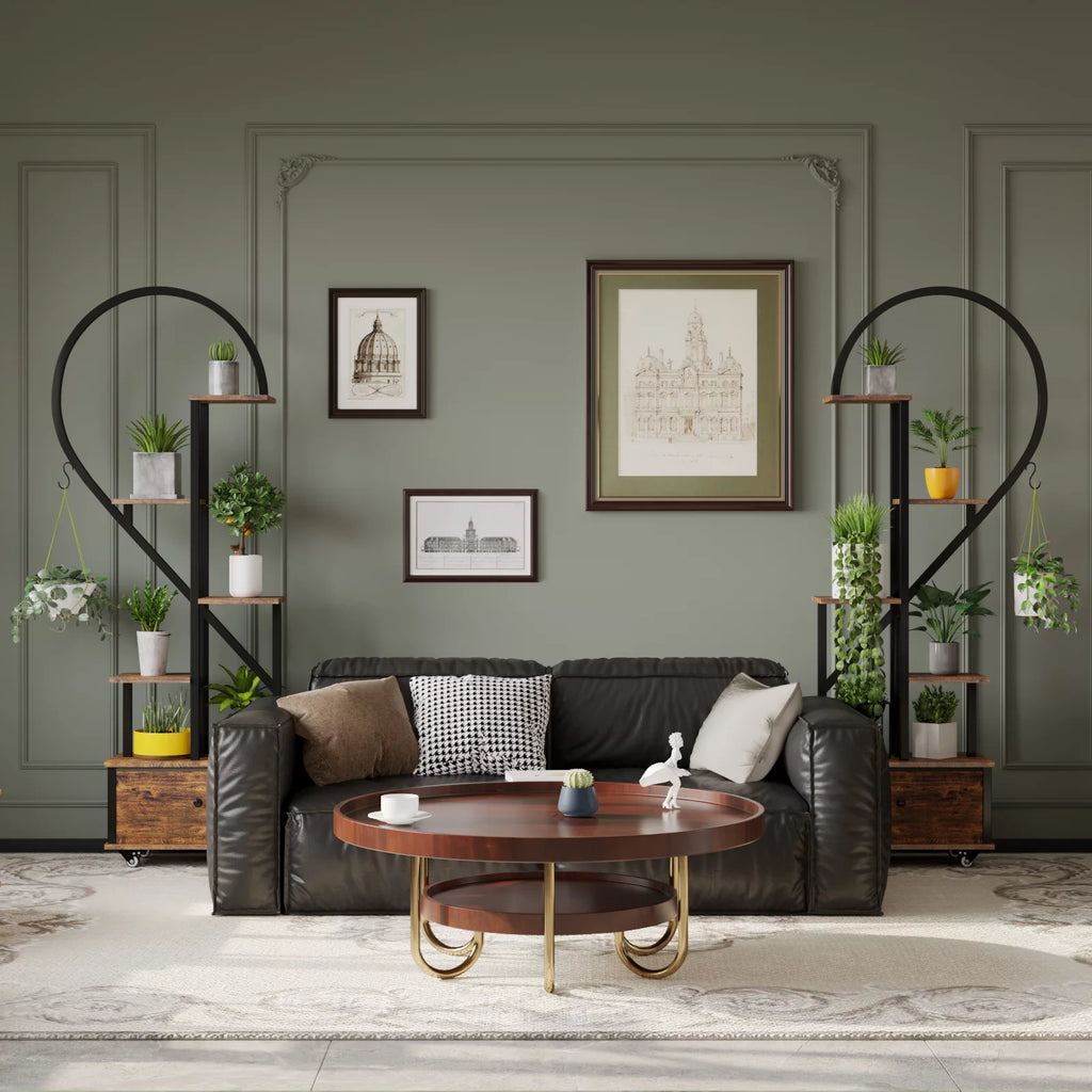 6-Tier Heart-Shape Plant Stand with Drawer and Rollers, Metal and Wood, Indoor Home Decor, 2-Pack I4348