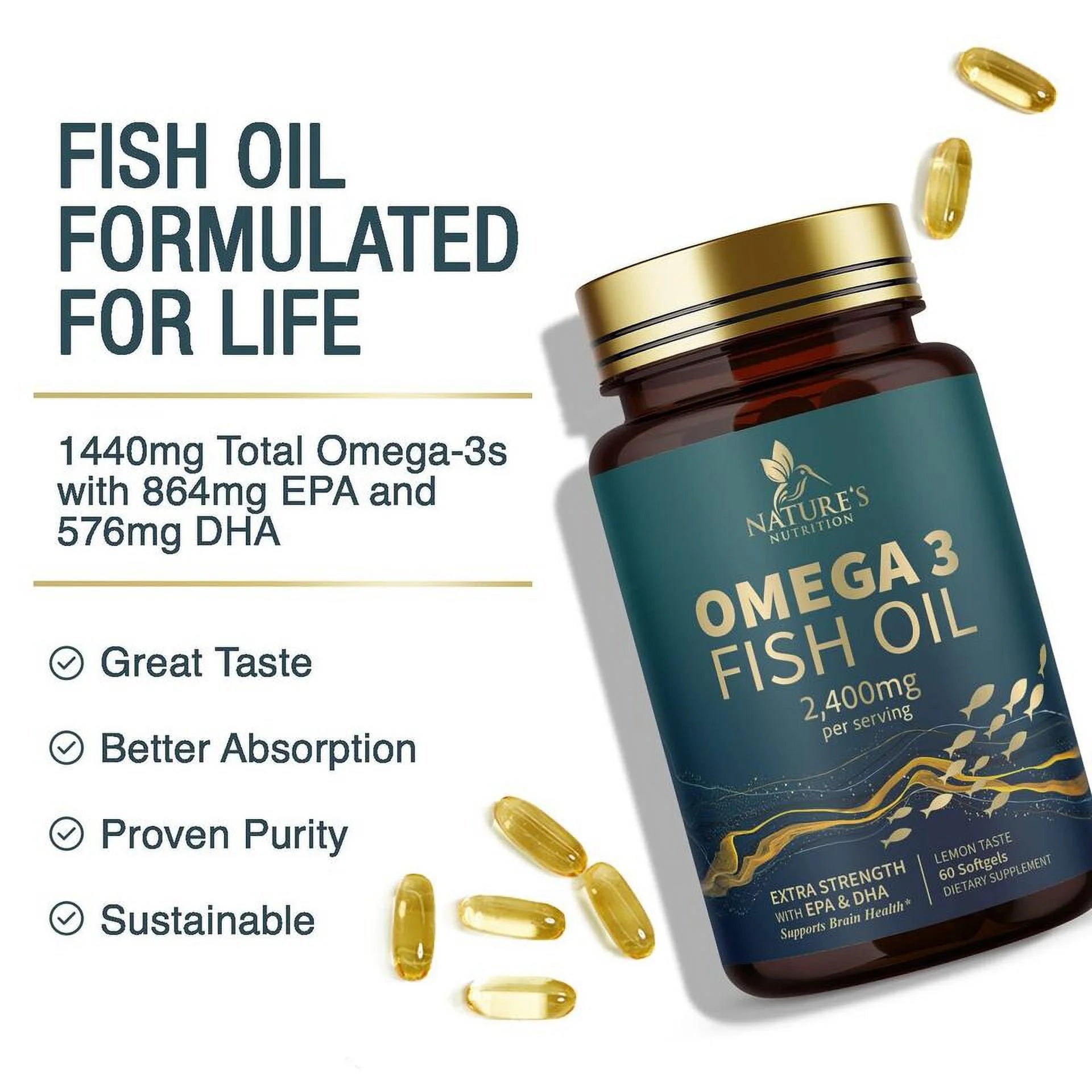 Omega 3 Fish Oil Capsules 2400mg EPA & DHA, 60 Softgels Z166