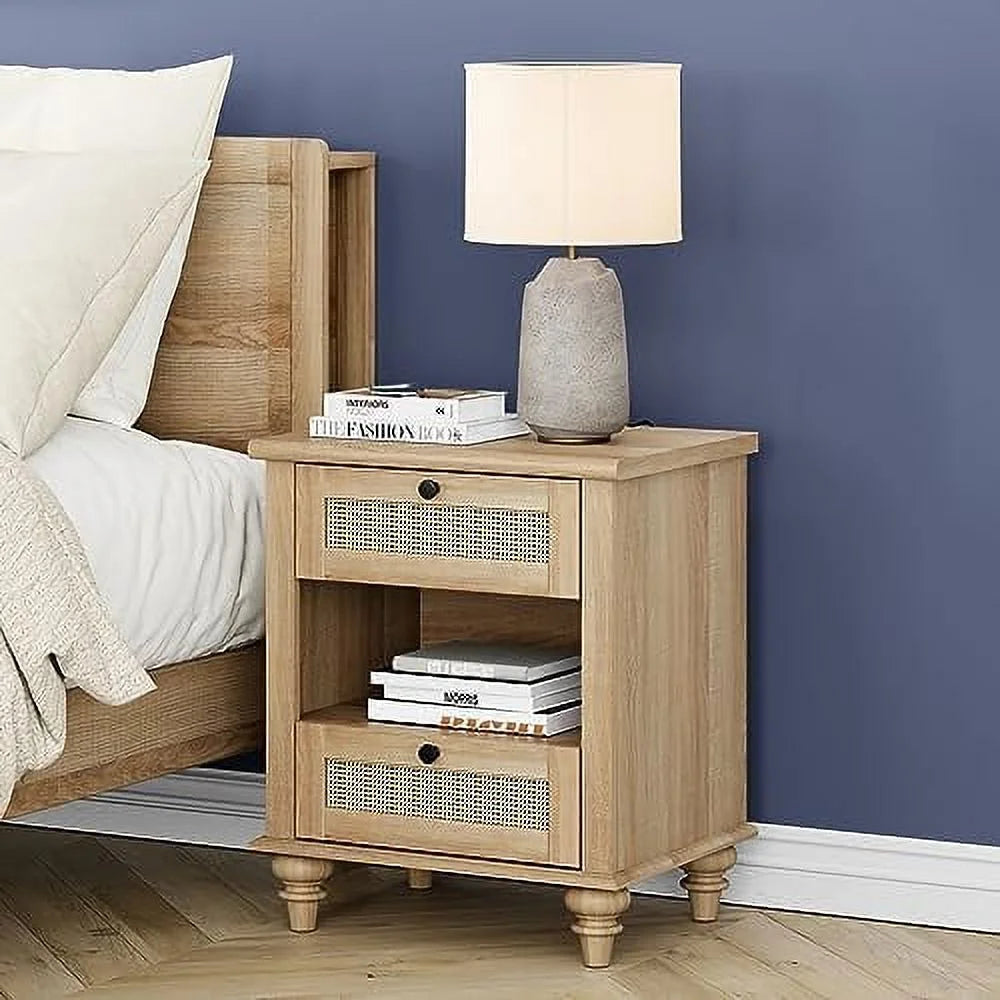 Rattan Nightstand End Table with Charging Station and 2 Drawers T753