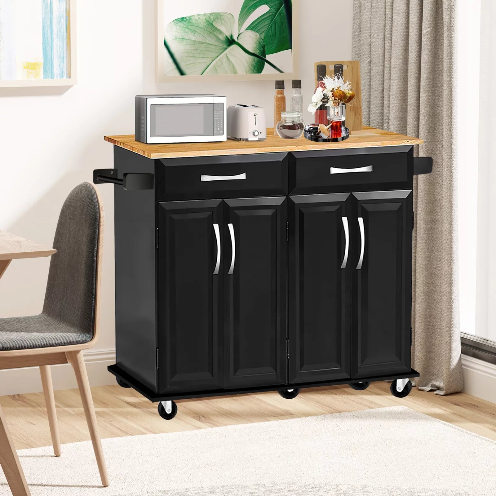 Kitchen Island with Drawers and Storage Cabinet, Rolling Serving Cart with Adjustable Shelves V48557