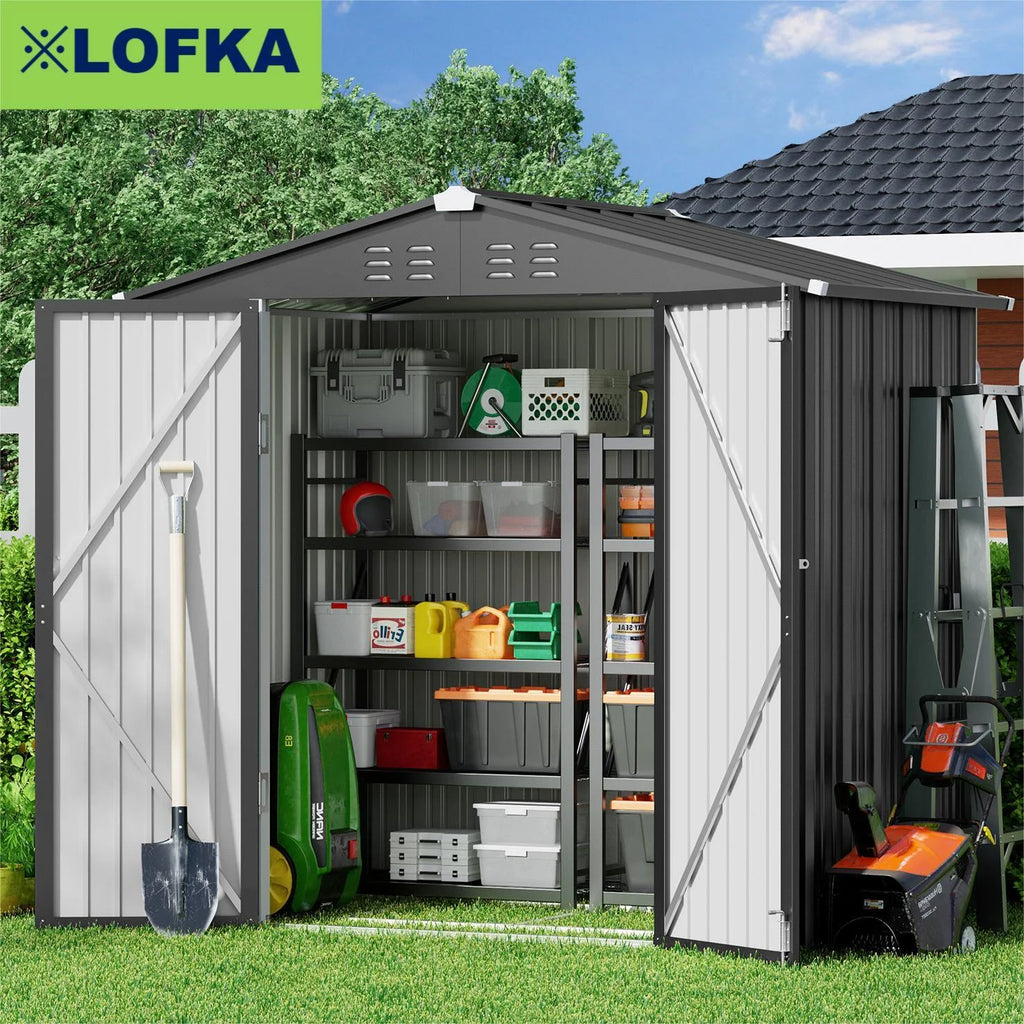 Outdoor Storage Shed with Base Frame, Metal Garden Shed, Dark Gray I45016