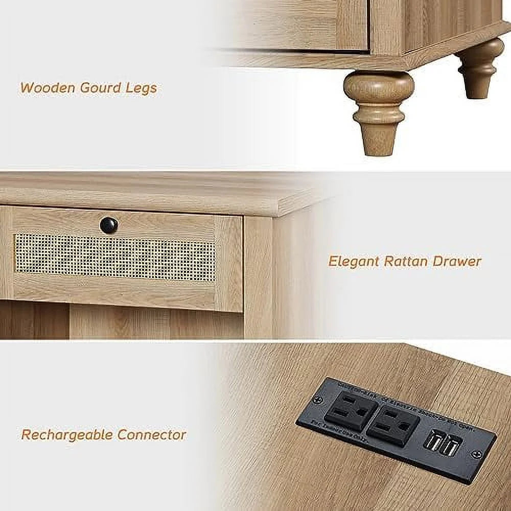 Rattan Nightstand End Table with Charging Station and 2 Drawers T753