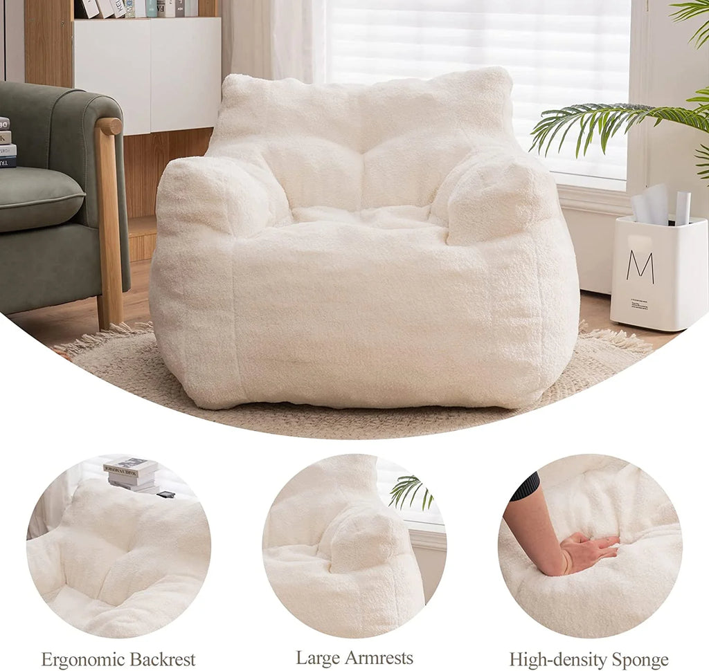 Soft Tufted Foam Bean Bag Chair for Adults, Fluffy Lazy Sofa with Teddy Fabric, Comfy Couch for Bedroom and Living Room B78327