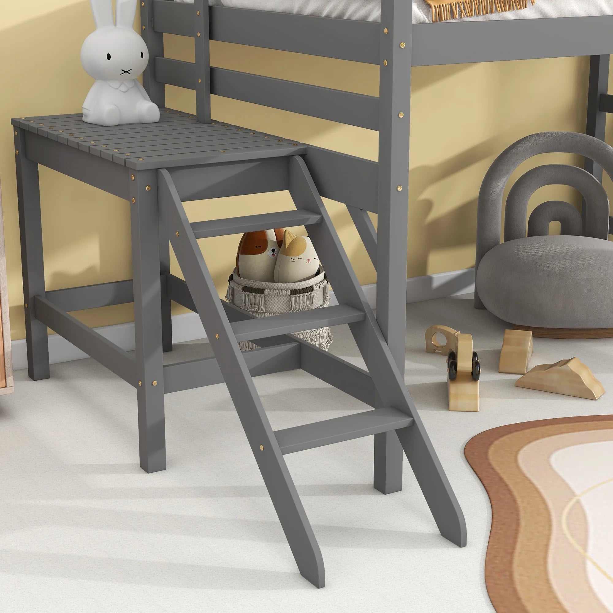 Full Wood Loft Bed with Safety Rail and Ladder for Kids, Gray S384254