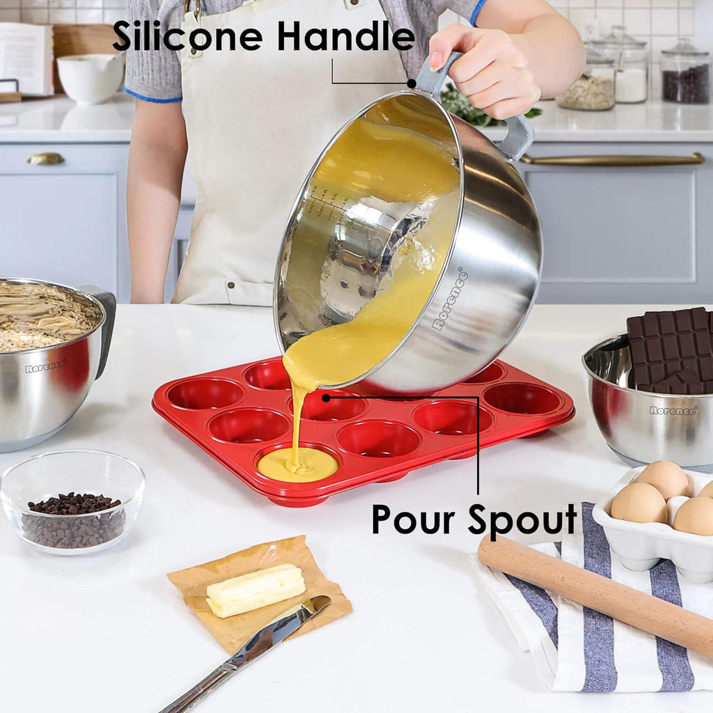 Mixing Bowls Set with Pour Spout, Handle and Lid - Set of 3 - Gray B789502