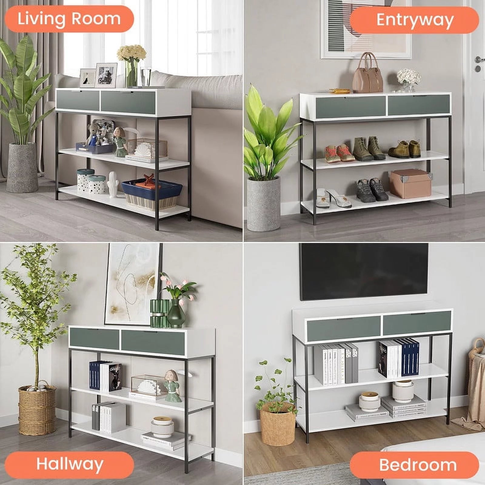 Wood Console Table with Steel Frame and Shelves E564619
