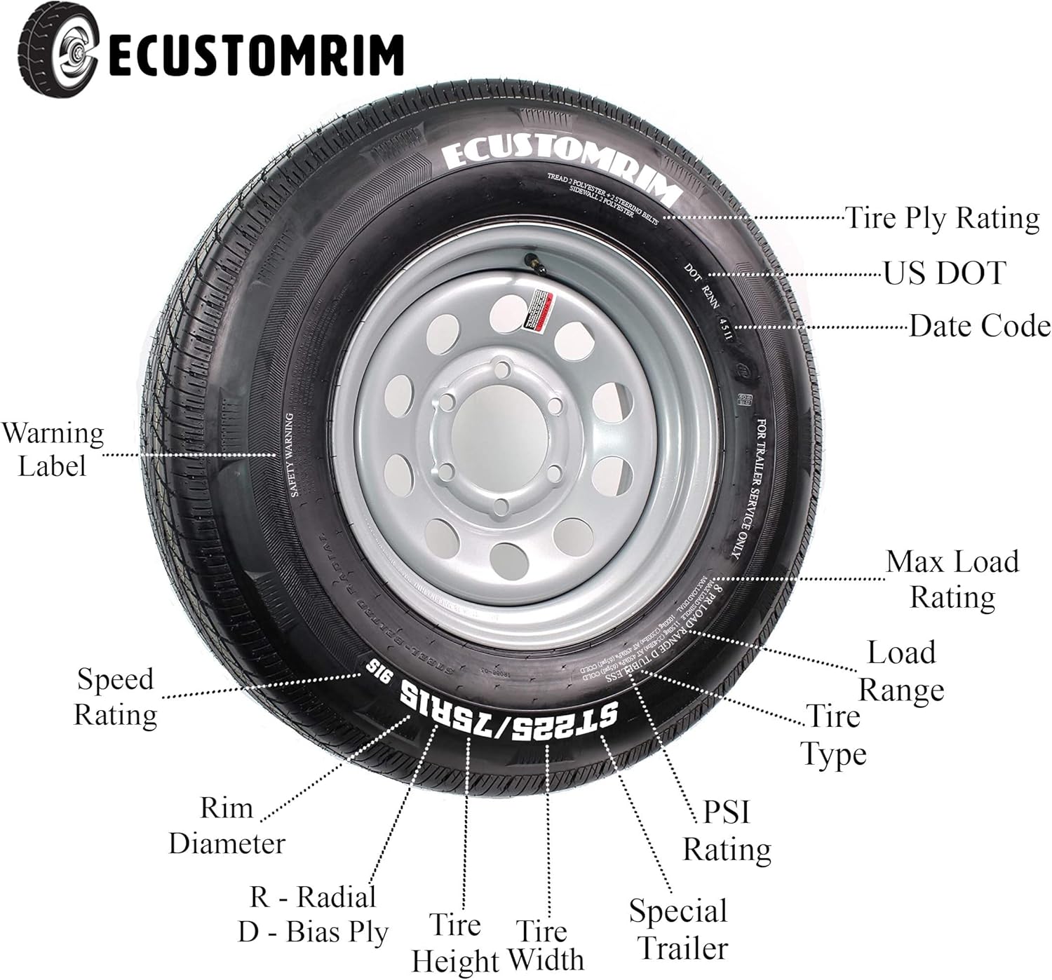 Radial Trailer Tire on Rim ST225/75R15 6 Lug Galvanized Spoke V6962