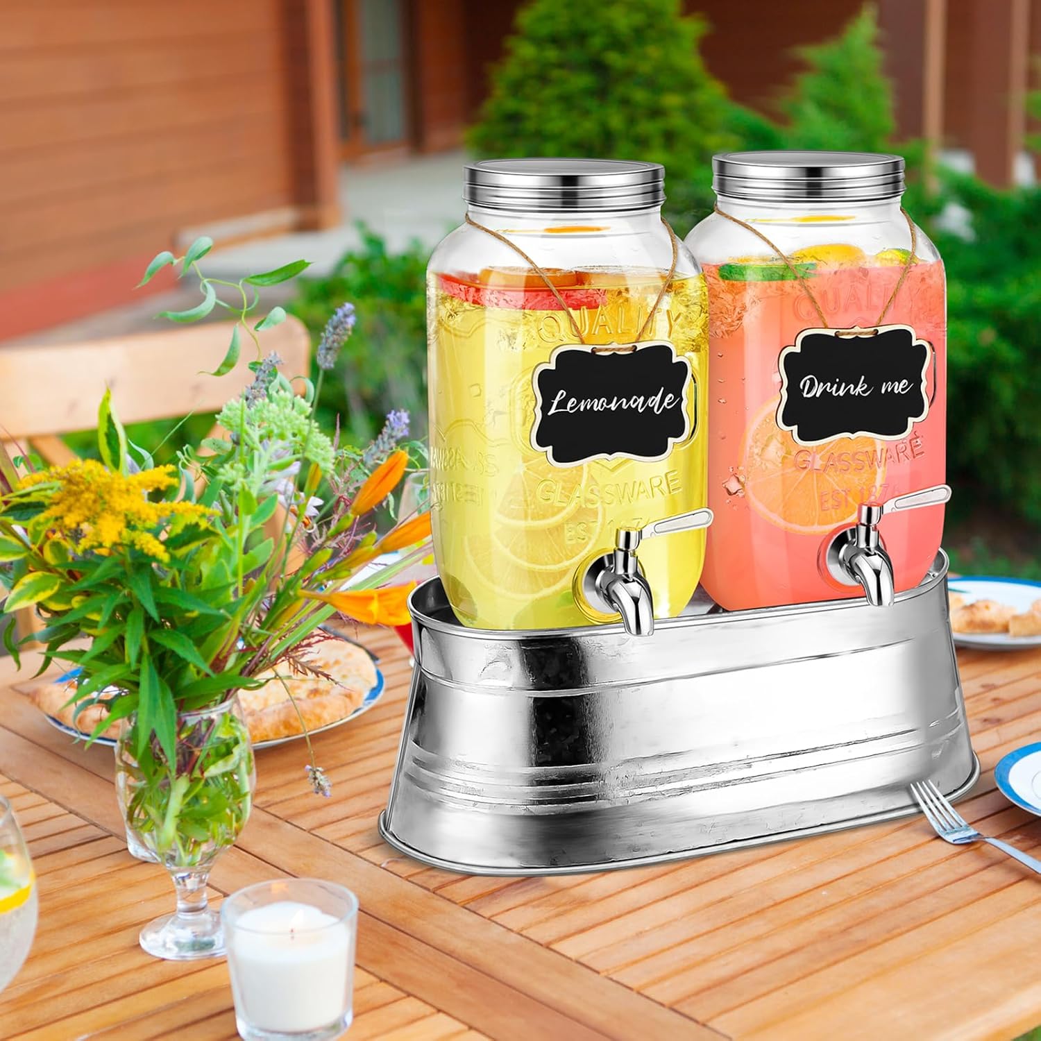 2 Pack 1 Gallon Glass Beverage Dispensers with Stand for Parties X367