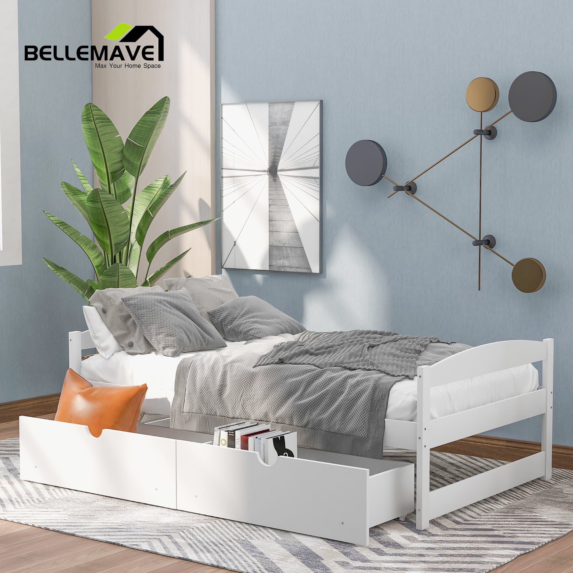White Twin Size Platform Bed with 2 Drawers Y907384