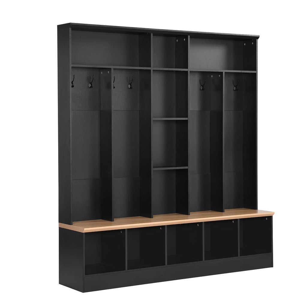 Wide Hall Tree with Storage Bench and 8 Hooks, Black B527