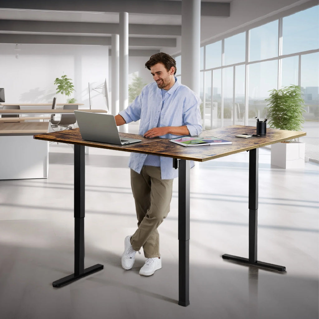 L-Shaped Electric Standing Desk, 63 Inch Double Motor, Vintage Brown Y324562