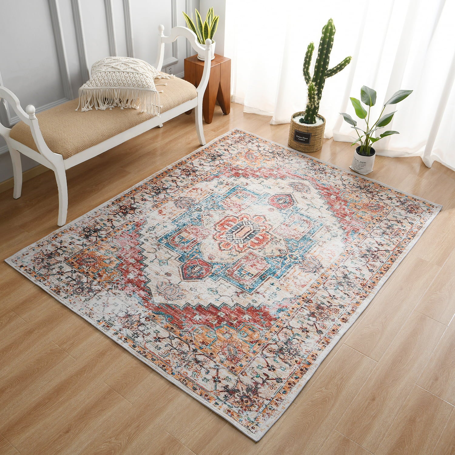 Vintage Bohemian Area Rug for Living Room, 5' x 8', Orange M181