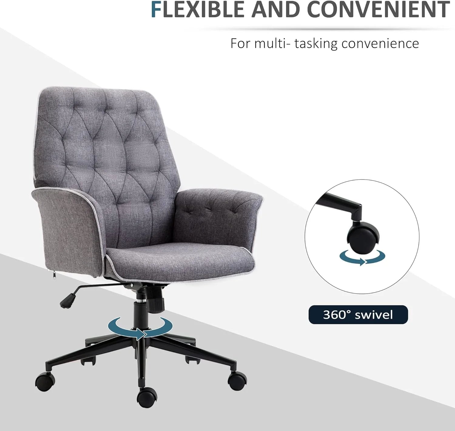 Linen Office Chair, Tufted Adjustable Computer Chair with Swivel Wheels, Dark Gray K806506