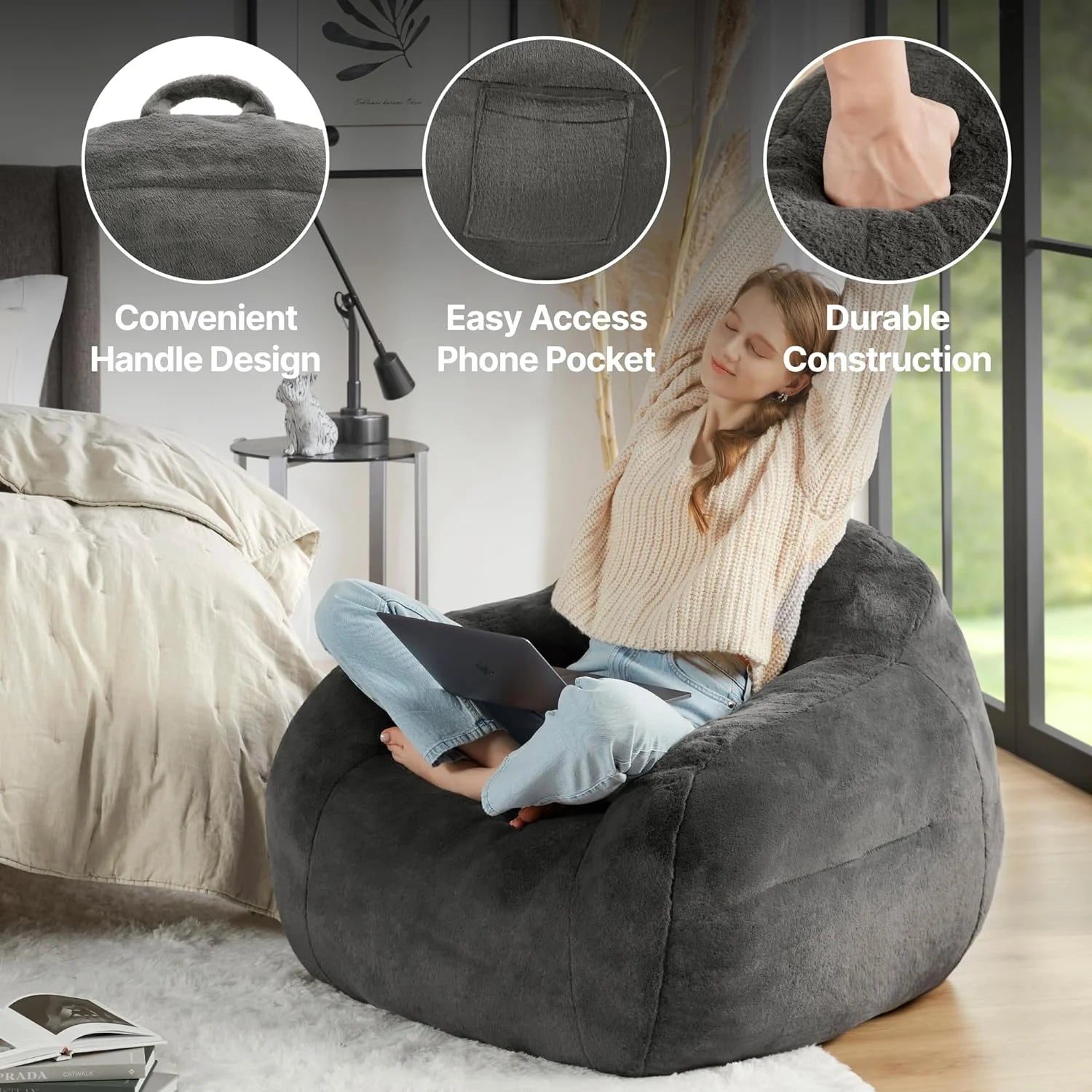 Giant Bean Bag Chair with Memory Foam Filler, Grey B491417