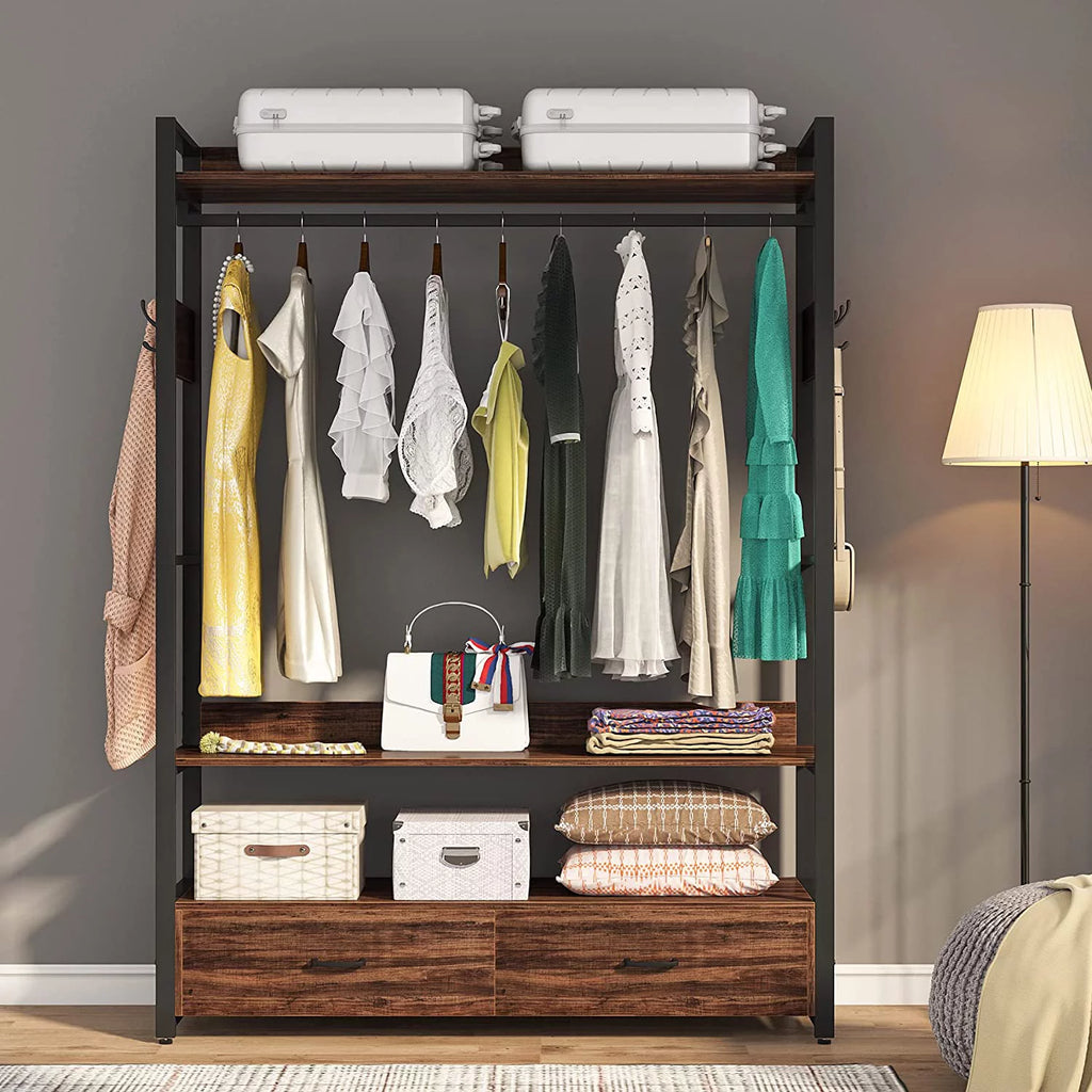 Heavy Duty Clothes Rack with Shelves, Hanging Rod and 2 Drawers, Rustic Brown P367