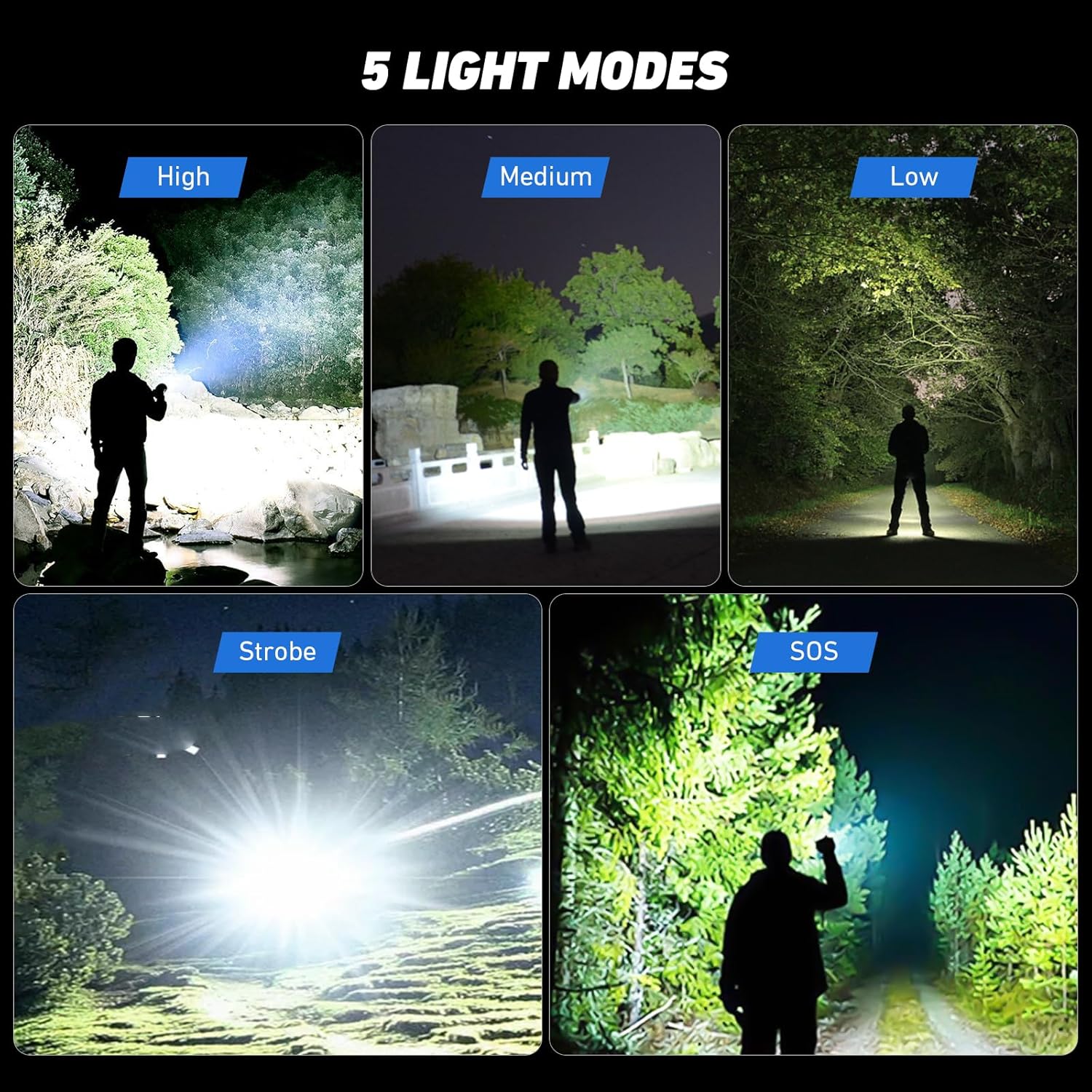 Rechargeable LED Flashlight, 990,000 Lumens, 5 Modes, Waterproof for Camping Outdoor Y4431