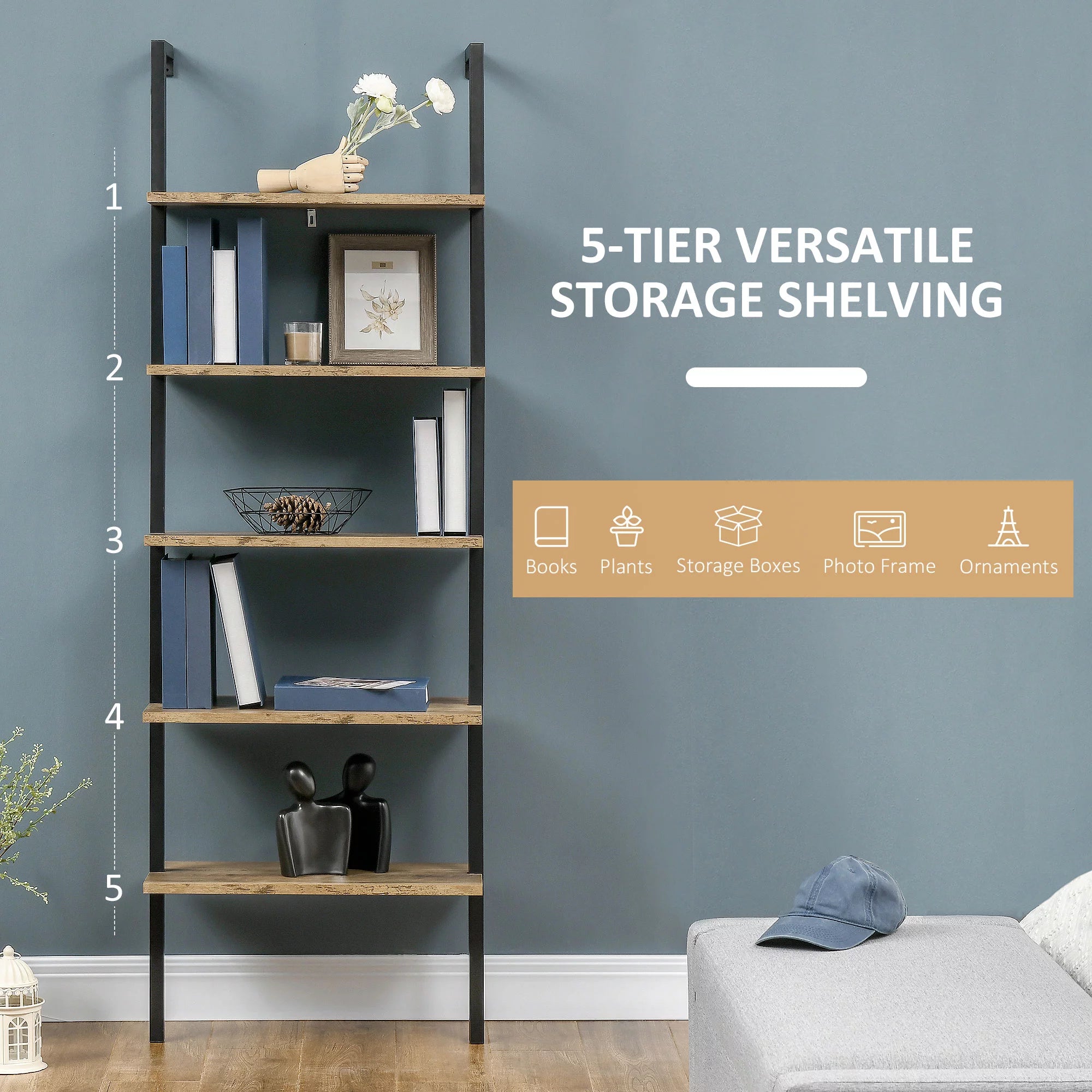 Industrial 5 Tier Wall Mount Ladder Shelf with Metal Frame, Corner Unit E10706