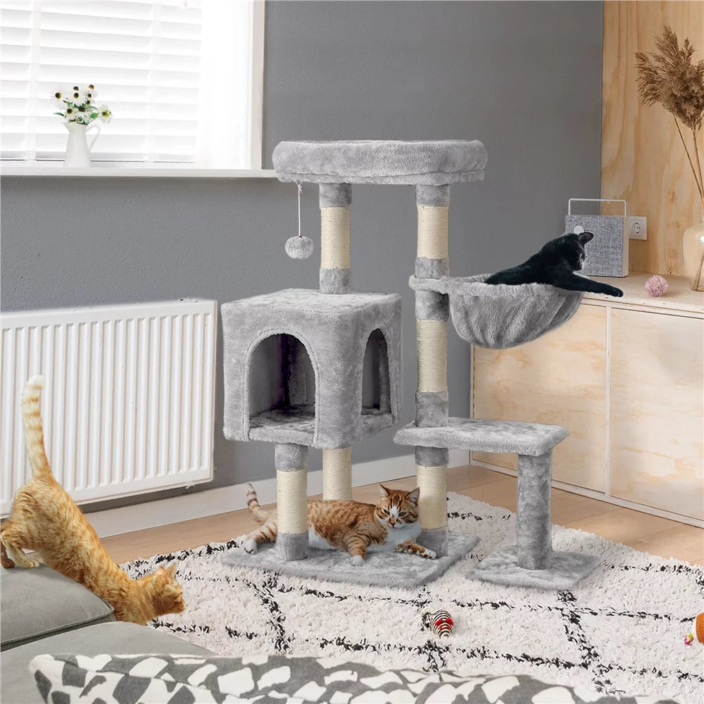 Cat Tree with Condo Perch Basket and Scratchers, Light Gray H7967