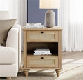 Rattan Nightstand End Table with Charging Station  Farmhouse Small Side Table for Living Room with 2 Drawers  Natural Wood Night Stand Bedside Table for Bedroom  Oak